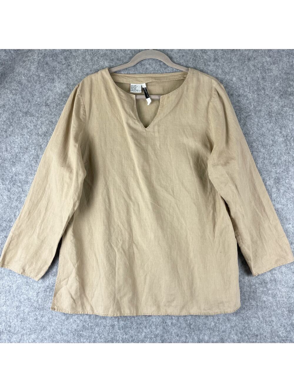 Ishyu 100% Linen Tunic Top Womens Large Beige Long Sleeve Minimal Casual Coastal